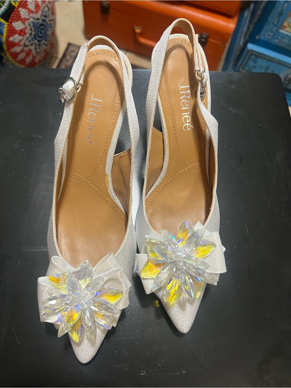 J.Renee White Slingback Crystal Flower Pointed Heels